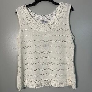 Belle Amie White Sequin Chevron Tank Top Scalloped Laser Cut Hem Large NWT Y2K